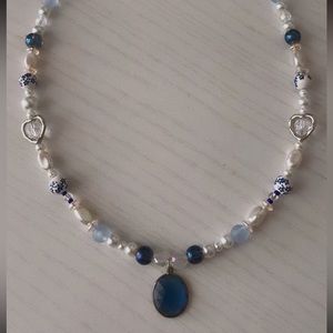 blue and white handmade necklace